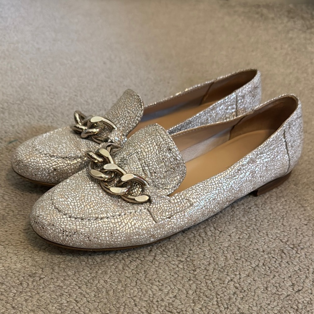 Elegant  Gold & Ivory Pattern Loafers with Chain Detail